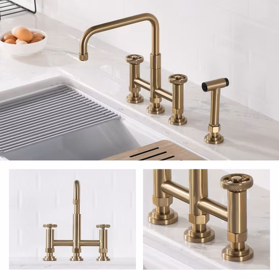 Aquacubic Swiveling Spout Solid Brass Bridge Bar Faucets, 2 Handle with Side Sprayer for Kitchen