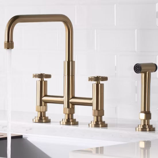 Aquacubic Swiveling Spout Solid Brass Bridge Bar Faucets, 2 Handle with Side Sprayer for Kitchen